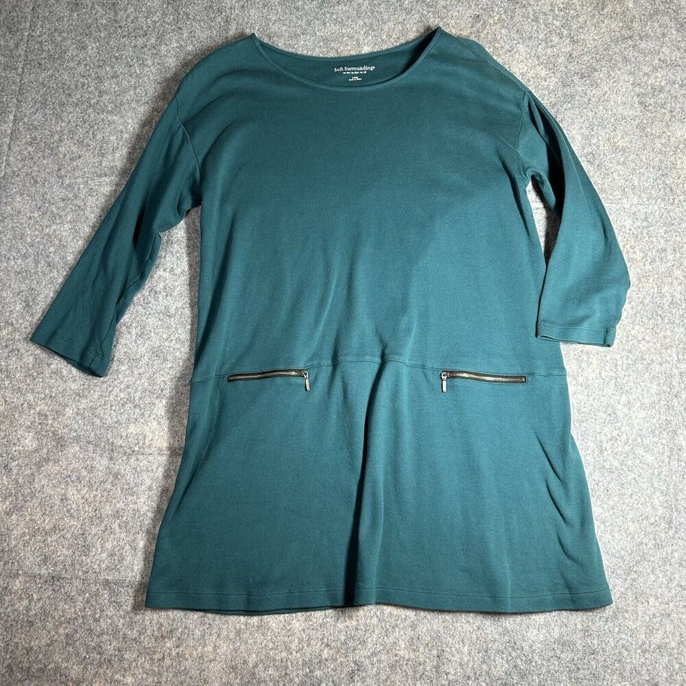Soft Surroundings Moda Tunic Mini Dress Large Zipper Pockets Green 100% Cotton